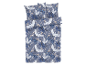 Parure de lit avec motif de grues et de fleurs dans des tons bleus.