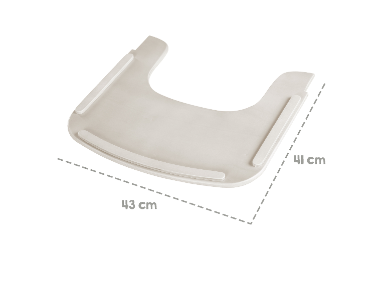 Plateau de chaise haute en plastique blanc, 43 cm sur 41 cm.