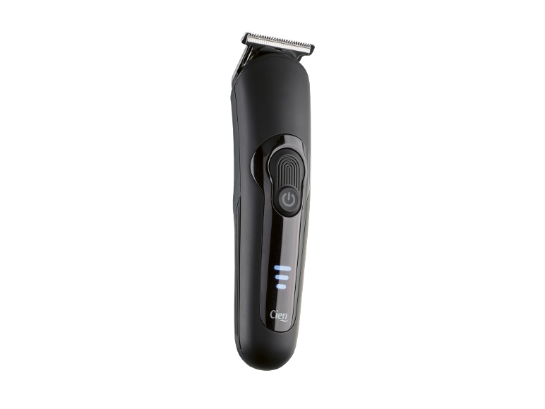 Tondeuse à cheveux noire avec bouton d'alimentation et indicateur de charge.