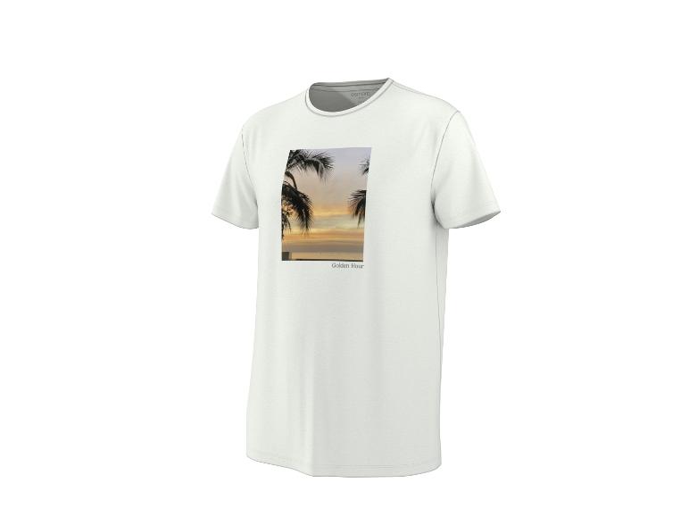 T-shirt blanc pour homme avec imprimé 'Golden Hour' de palmiers au coucher du soleil.