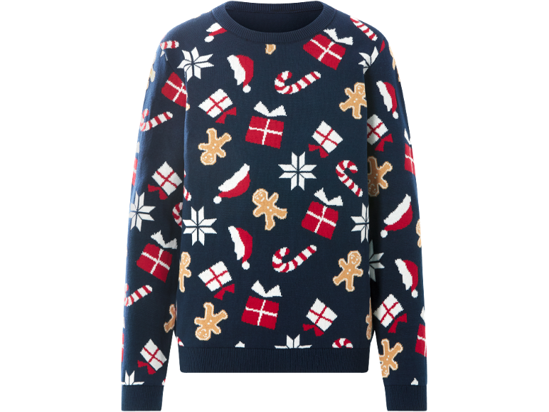 Pull de Noël bleu foncé avec des motifs festifs de cadeaux, de bonshommes en pain d'épices et de flocons.