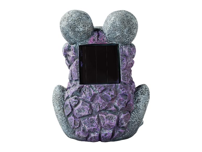 Figurine décorative de jardin en forme de grenouille avec panneau solaire, grise et violette.