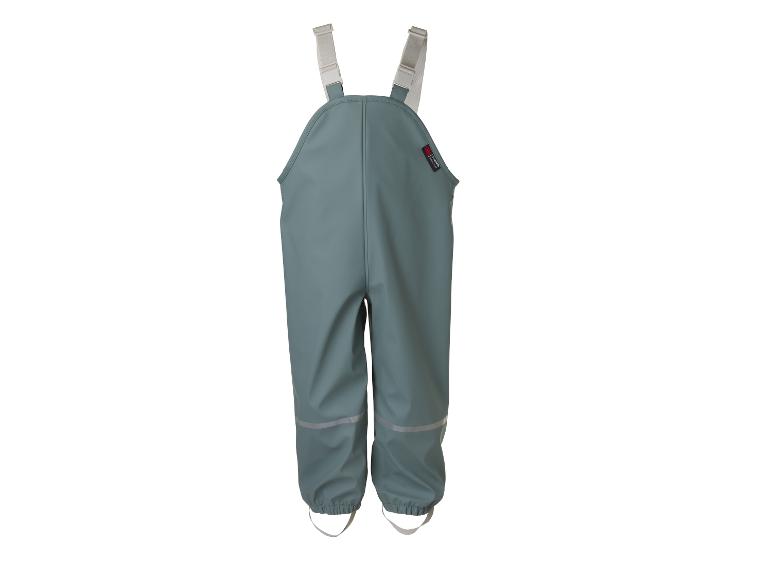 Salopette de pluie gris-vert pour enfants avec bretelles et détails réfléchissants.