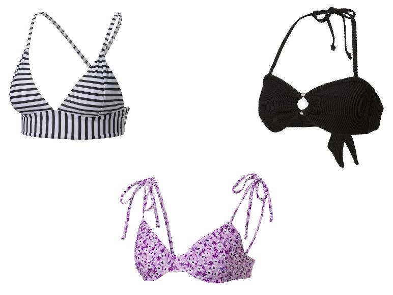 Maillots de bain : triangle rayé, bandeau noir texturé et triangle à fleurs violettes.