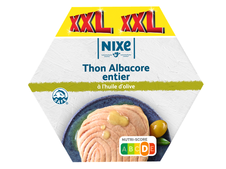 Thon XXL à l'huile d'olive avec Nutri-Score A, présenté sur une assiette.