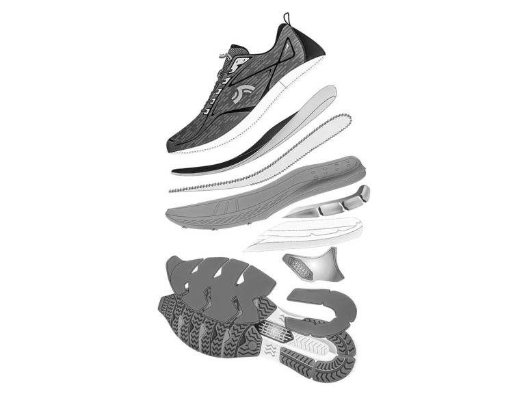 Une chaussure de course à pied démontée, avec ses différents composants visibles.