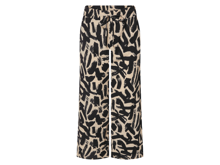 Pantalon large à imprimé abstrait beige et noir.