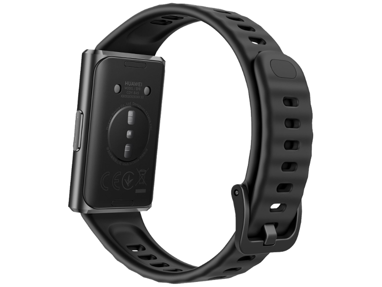 Vue arrière d'un bracelet connecté noir avec capteur de fréquence cardiaque et bracelet