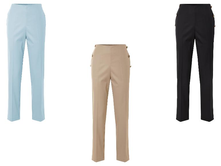 Trois paires de pantalons pour femmes taille haute en bleu clair, beige et noir.