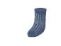 Une seule chaussette bleue à rayures verticales blanches.