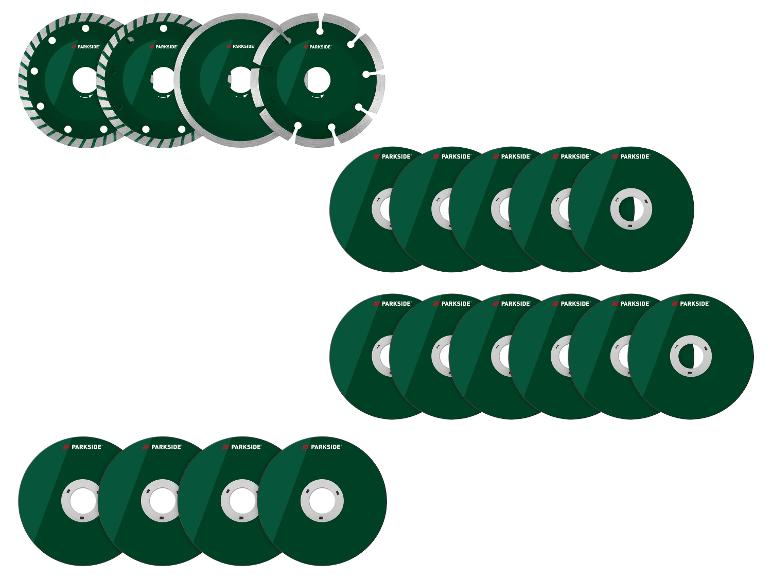 Un ensemble de disques de coupe Parkside, incluant des disques diamantés et à meuler.