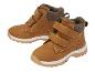 Paire de bottes marron pour enfants avec fermetures velcro et semelle blanche.