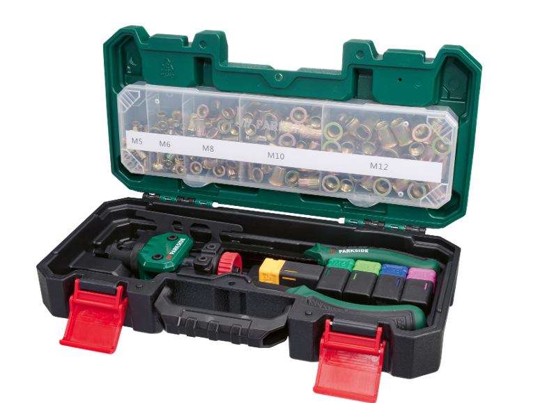 Kit d'outils de rivetage avec écrous à riveter et diverses tailles de rivets M5-M12 dans une mallette.