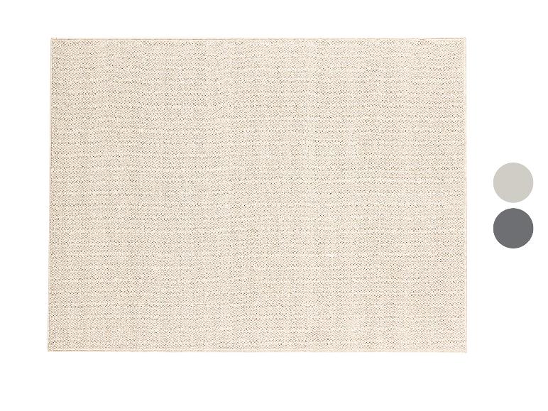 Tapis rectangulaire beige texturé, avec des échantillons de couleurs gris clair et gris foncé.