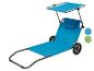 Chaise longue de plage avec auvent, roues et couleurs turquoise et vert.