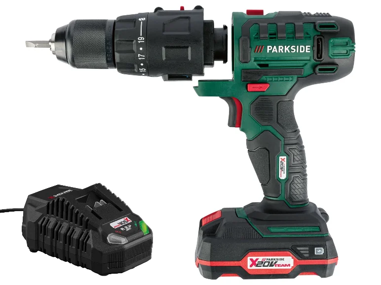 Perceuse sans fil Parkside X20V Team avec chargeur.