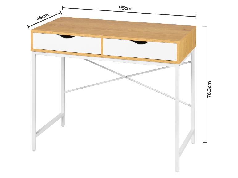Bureau en bois avec deux tiroirs blancs et un cadre en métal blanc, dimensions 95x48x76.3cm.
