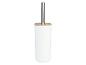 Brosse de toilette blanche avec couvercle en bambou et poignée métallique.