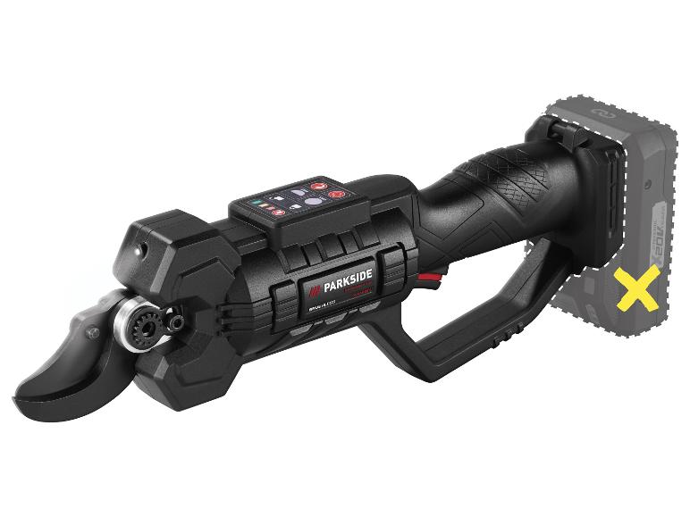 Sécateur sans fil PARKSIDE avec batterie manquante, sur fond blanc.