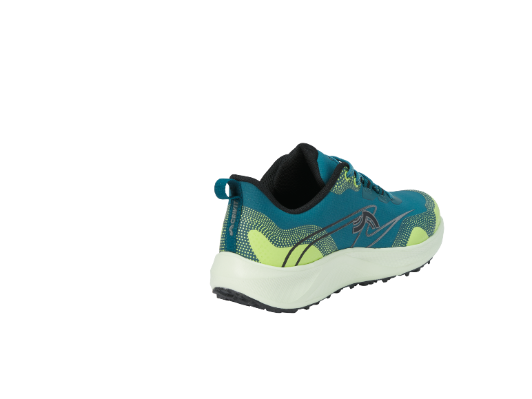 Chaussures de sport sarcelle et vert lime avec des détails à pois.