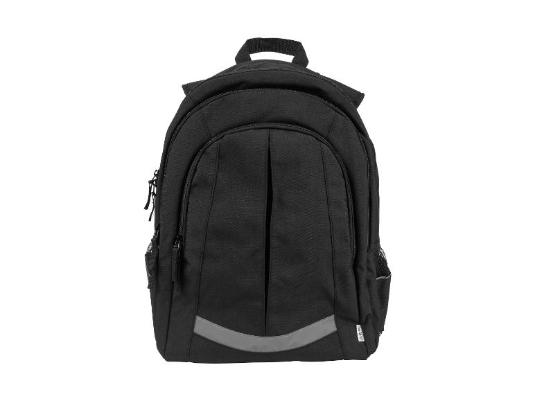 Sac à dos noir avec détails réfléchissants, vue de face.