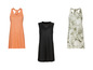 Trois robes pour femmes: orange, noire et une à imprimé tropical.