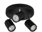 Plafonnier noir avec trois spots orientables et ampoules LED.