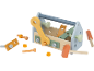 Ensemble d'outils jouets en bois avec boîte à outils, clé, marteau, vis et écrous.