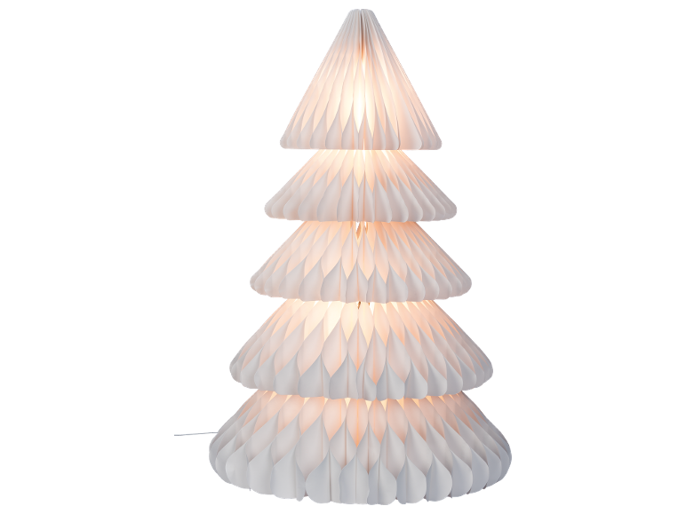 Sapin de Noël décoratif en papier lumineux sur fond noir.