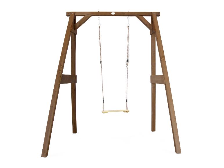 Portique en bois avec une balançoire simple sur fond blanc.
