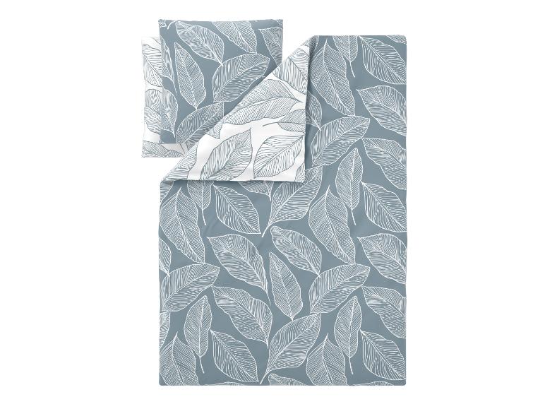 Parure de lit bleu-gris avec motifs de feuilles blanches