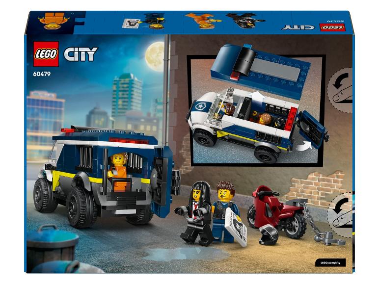 Fourgon de prison jouet avec figurines de police et de prisonnier, et une moto.