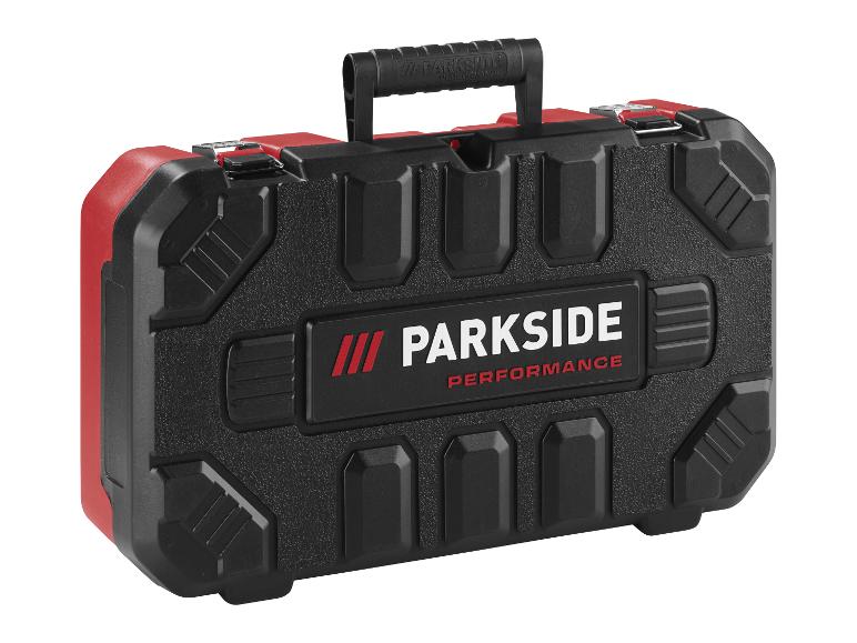 Mallette à outils noire et rouge avec un logo de marque.