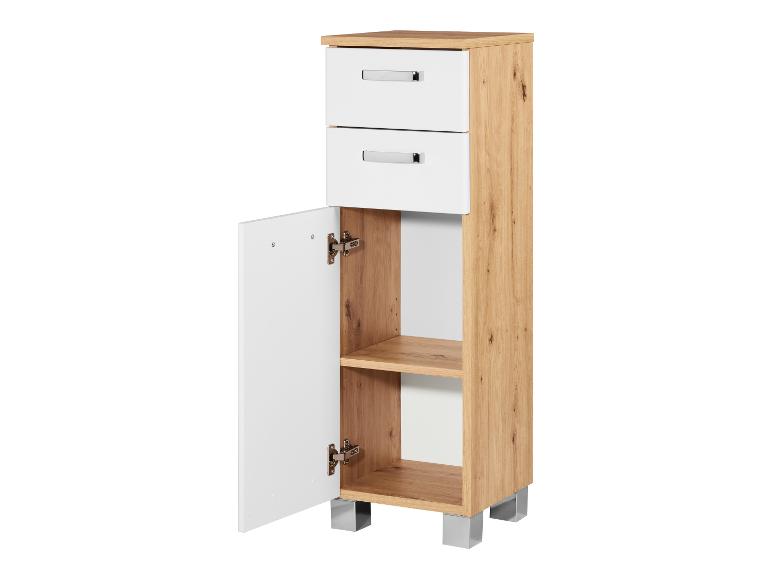 Meuble de rangement : deux tiroirs, une porte et des étagères, style moderne.