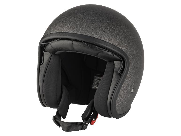 Casque de moto jet noir mat avec une finition brillante.