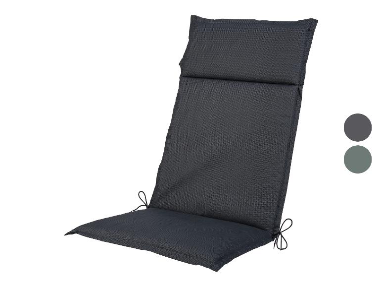 Coussin de chaise de jardin gris foncé avec attaches, deux options de couleur affichées.