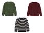 Trois pulls pour enfants : vert olive, bordeaux et rayé.