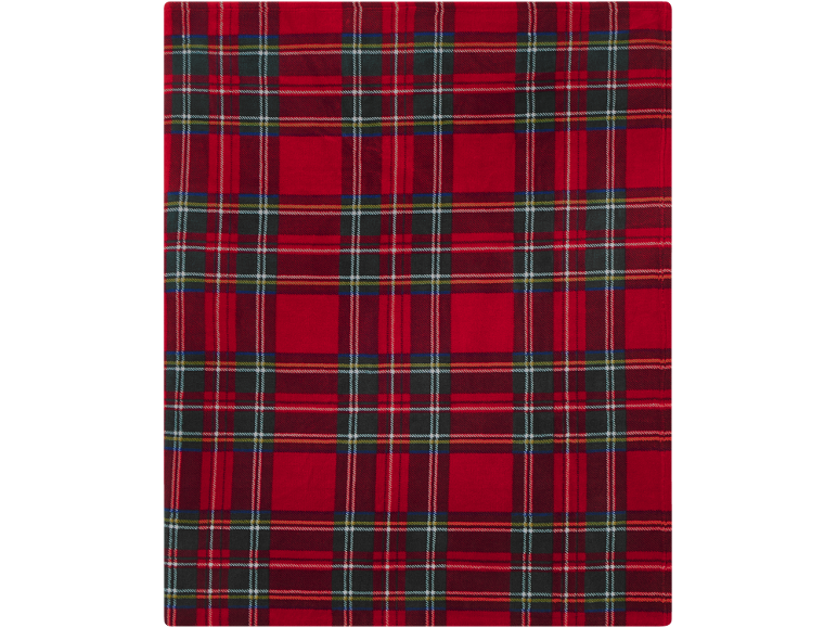 Tissu écossais rouge avec des lignes vertes, blanches et jaunes.