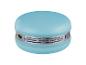 Haut-parleur rond turquoise avec une grille argentée au centre.