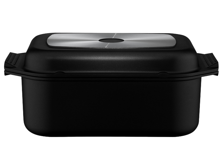 Cocotte rectangulaire noire avec couvercle et plaque à induction intégrée.