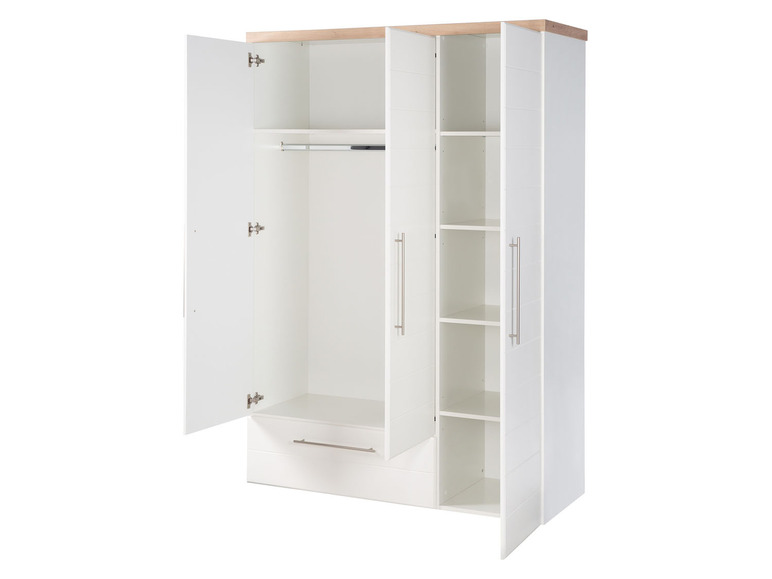 Une armoire blanche avec des portes ouvertes, des étagères et un tiroir.