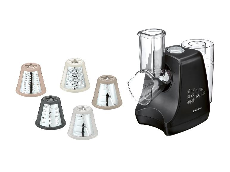 Robot culinaire avec cinq accessoires interchangeables pour râper et trancher.