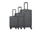 Ensemble de trois valises de voyage grises de tailles variées.