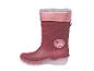 Botte de pluie bordeaux pour enfant avec bordure rose et motif floral, semelle lumineuse.