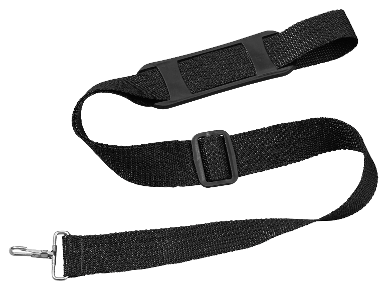 Une bandoulière noire avec boucle métallique.