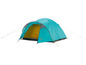 Une tente turquoise avec des détails jaunes, idéale pour le camping.