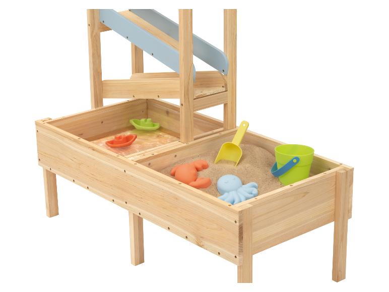 Table de jeu en bois pour sable et eau, avec toboggan et jouets de plage