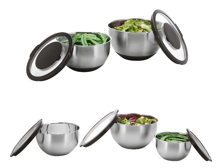 SILVERCREST® Set de saladiers mélangeurs premium en acier inoxydable avec couvercles, remplis de salade et de petits pois.