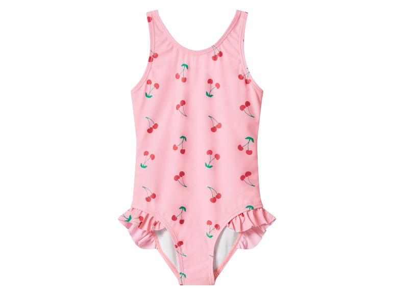 Maillot de bain rose pour fille avec imprimé cerises et volants.
