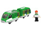 Un train vert avec une figurine à côté.